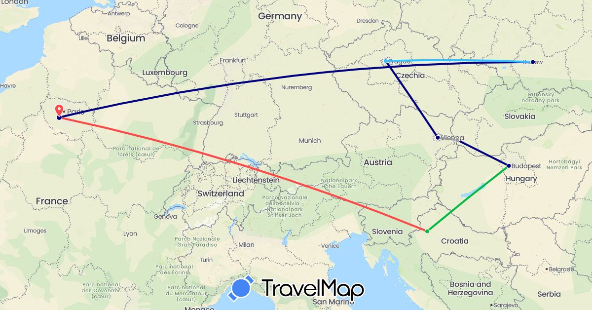 TravelMap itinerary: driving, bus, plane, hiking, boat in Austria, Czech Republic, France, Croatia, Hungary, Poland, Slovakia (Europe)